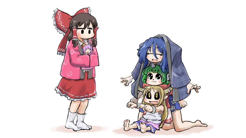 5girls, ahoge, aqua_hair, barefoot, black_hair, black_sclera, blue_hair, blush_stickers