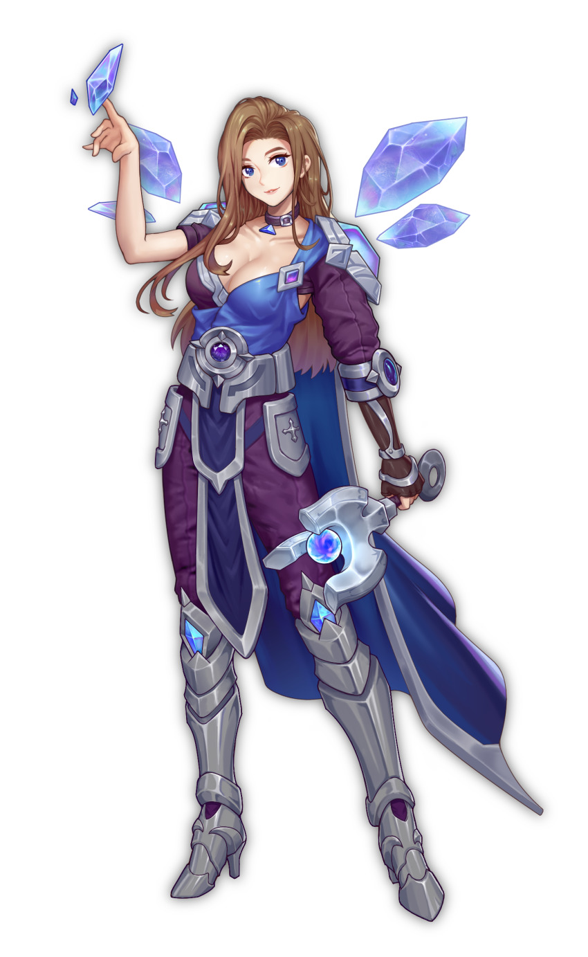 1girl, armor, belt, blue_eyes, breasts, brown_gloves, brown_hair, choker