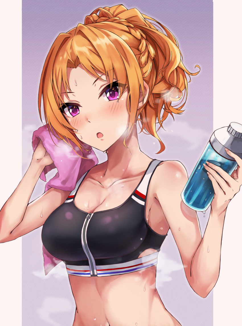 1girl, :o, bare_arms, bare_shoulders, blush, bottle, breasts, cleavage