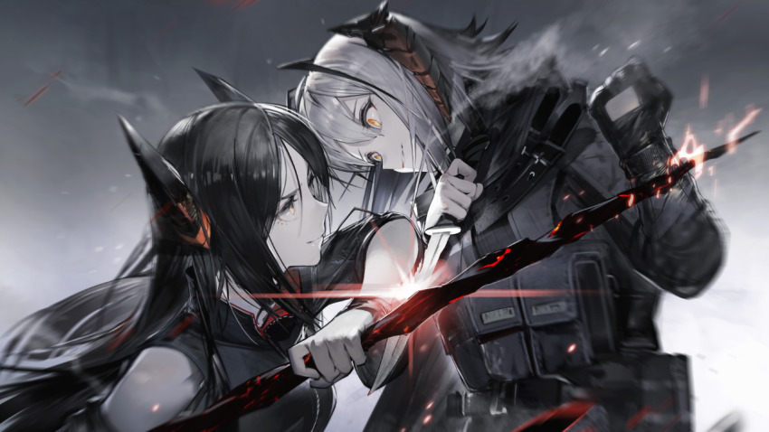 2girls, arknights, artist_request, belt, black_gloves, black_hair, fighting, game_cg, gloves, holding, holding_knife, holding_sword, holding_weapon, horns, ines_(arknights), knife, load_bearing_vest, long_hair, long_sleeves, military, military_uniform, multiple_girls, outdoors, silver_hair, smile, spoilers, sword, upper_body, w_(arknights), w_(mercenary)_(arknights), weapon, yellow_eyes