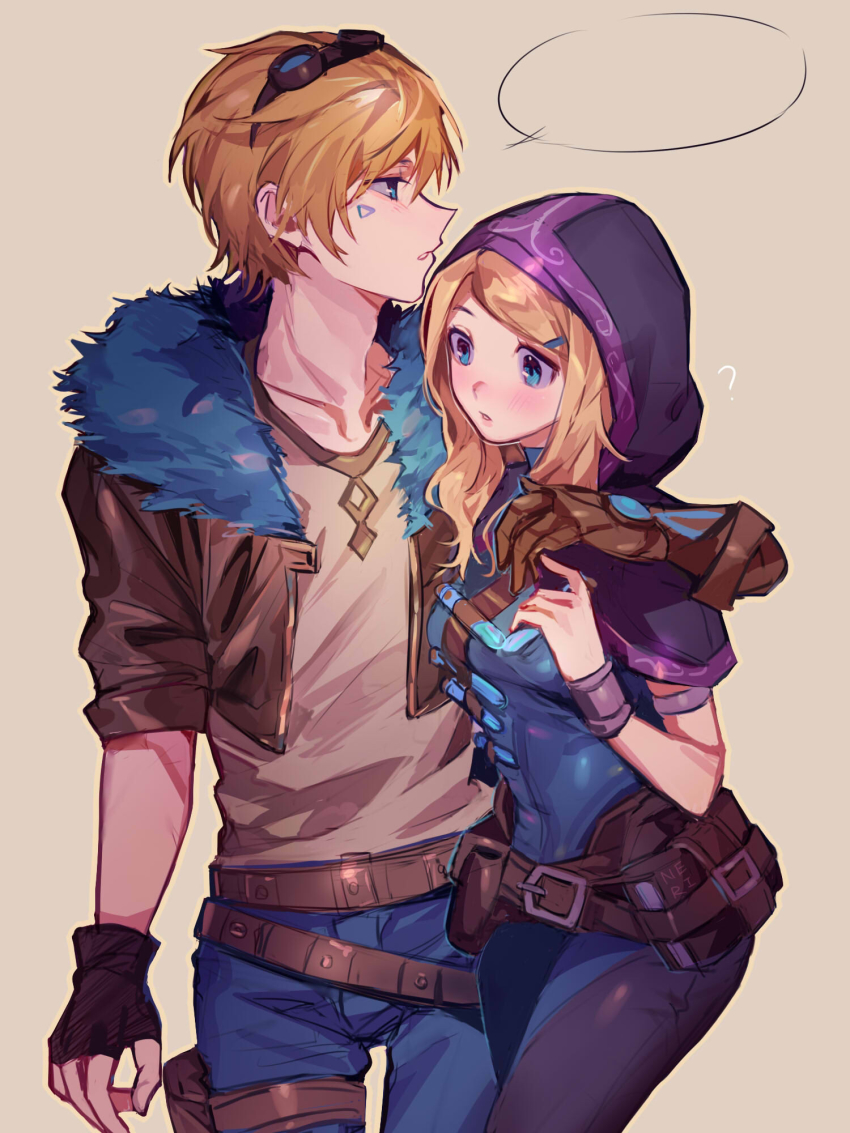 1boy, 1girl, ?, arm_around_shoulder, belt, belt_buckle, belt_pouch, blonde_hair, blue_eyes, blush, book, brown_background, brown_gloves, buckle, collarbone, ezreal, facial_mark, fingerless_gloves, fur_trim, gauntlets, gloves, goggles, goggles_on_head, hair_ornament, hairclip, highres, hood, hood_up, league_of_legends, liquid, long_hair, lux_(league_of_legends), neri_(neri23152939), outline, parted_lips, pouch, simple_background, single_gauntlet, sleeves_rolled_up, speech_bubble, spellthief_lux, vial, yellow_outline
