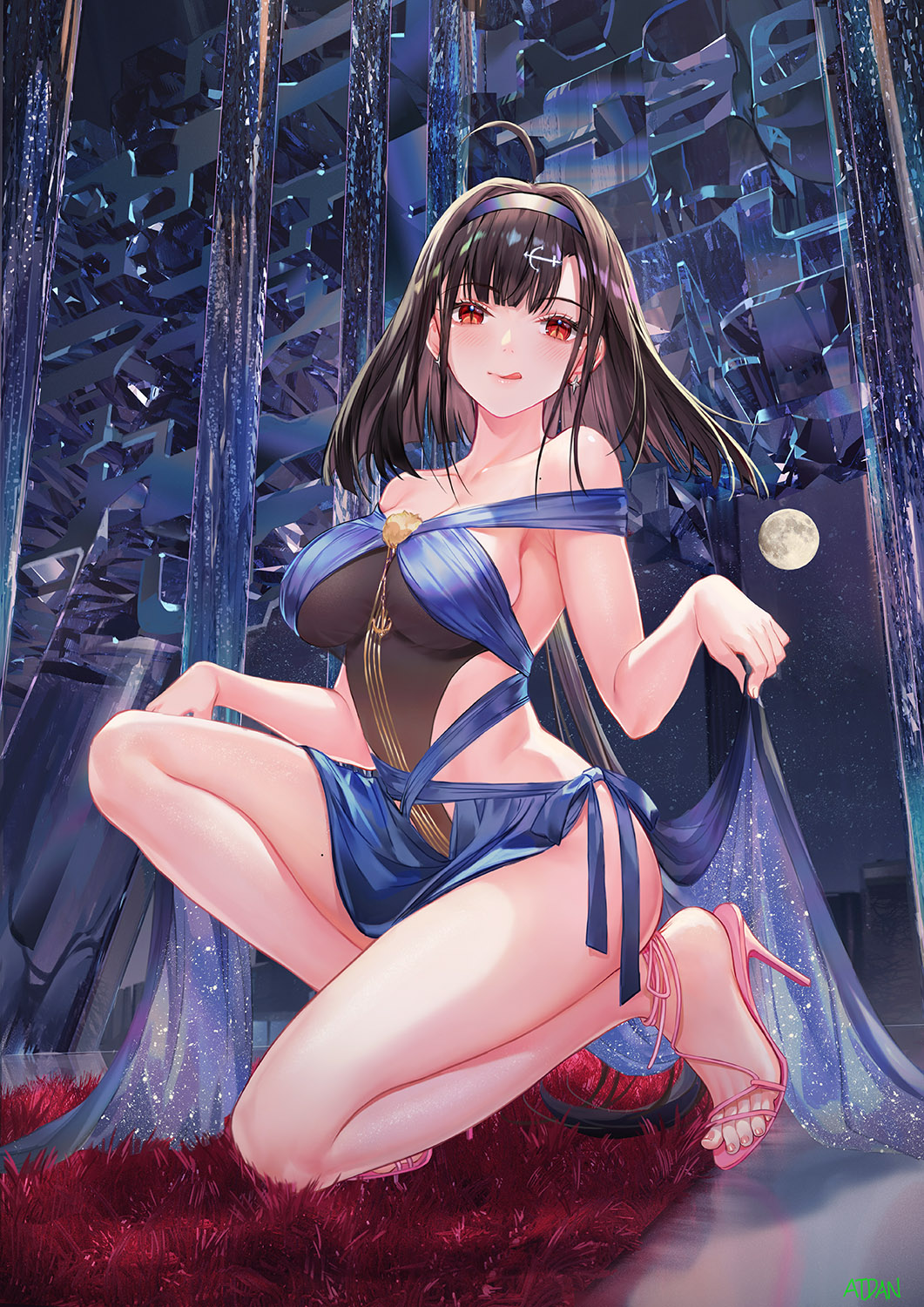 1girl, :q, ahoge, armpit_crease, atdan, azur_lane, bare_legs, bare_shoulders, black_hair, blue_dress, breasts, closed_mouth, clothing_cutout, collarbone, dress, earrings, hair_ornament, hairband, high_heels, highres, independence_(azur_lane), independence_(the_independent_line)_(azur_lane), jewelry, large_breasts, long_hair, looking_at_viewer, low_ponytail, mole, mole_on_shoulder, mole_on_thigh, on_one_knee, ponytail, red_eyes, revealing_clothes, side_cutout, sleeveless, sleeveless_dress, slit_pupils, smile, solo, thighs, tongue, tongue_out, very_long_hair