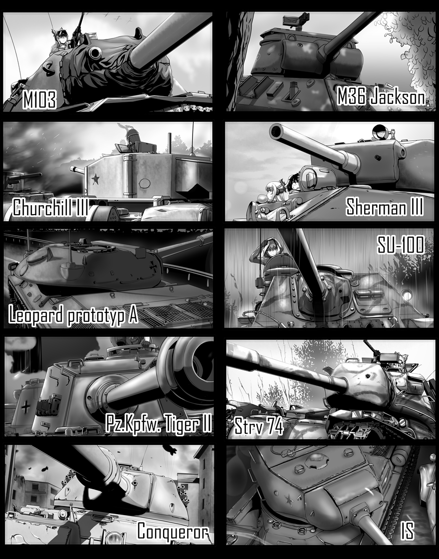 3girls, aircraft, animal_ears, assault_gun, churchill_(tank), commentary_request, conqueror_(tank), fujiwara_no_mokou, greyscale, gun, inaba_tewi, is-1, leopard_1, m103_heavy_tank, m36_jackson, m4_sherman, machine_gun, military, military_vehicle, monochrome, motor_vehicle, multiple_girls, rabbit_ears, reisen_udongein_inaba, sky, strv_74, su-100, tank, tiger_ii, touhou, tree, weapon, world_of_tanks, yaruku