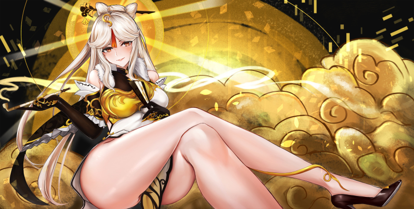 1girl, bare_legs, bare_shoulders, black_footwear, black_gloves, blush, breasts, chinese_clothes, claw_ring, crossed_legs, detached_sleeves, dress, elbow_gloves, folding_fan, fur_trim, genshin_impact, gloves, hair_ornament, hairpin, hand_fan, high_heels, highres, holding, holding_fan, holding_smoking_pipe, kiseru, large_breasts, legs, long_hair, looking_at_viewer, multicolored_dress, ningguang_(genshin_impact), parted_bangs, pelvic_curtain, red_eyes, sidelocks, silver_hair, sitting, smile, smoking_pipe, solo, thighs, ytoy