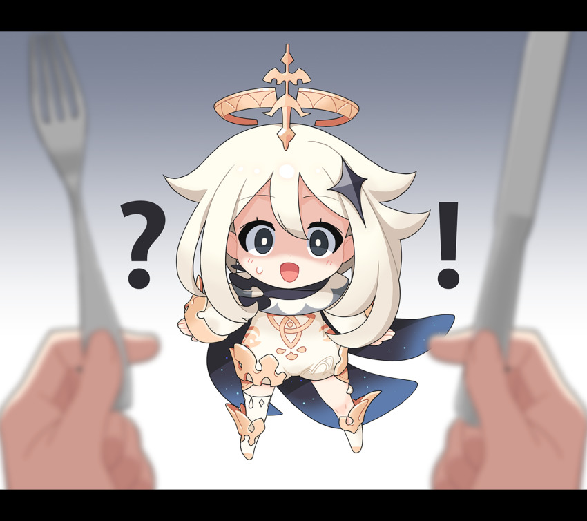 !, 1girl, :d, ?, arms_at_sides, black_eyes, blonde_hair, blurry, boots, cape, chibi, commentary_request, depth_of_field, dress, emergency_food, fork, genshin_impact, gradient_background, grey_background, hair_flaps, hair_ornament, halo, holding, holding_fork, holding_knife, impending_doom, knife, legs_apart, letterboxed, long_sleeves, looking_at_viewer, open_mouth, out_of_frame, paimon_(genshin_impact), pov, pov_hands, ran_system, romper, scarf, short_jumpsuit, single_thighhigh, smile, solo_focus, sweatdrop, thighhighs, white_background, white_dress, white_hair, white_romper, white_thighhighs
