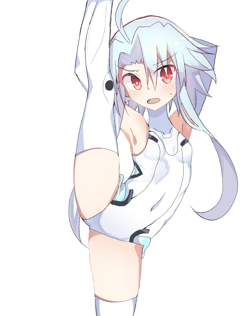 1girl, ahoge, bare_shoulders, blue_hair, blush, breasts, elbow_gloves, gloves, hair_between_eyes, highres, leotard, light_blue_hair, looking_at_viewer, neptune_(series), power_symbol, power_symbol-shaped_pupils, red_eyes, shimeji_wyvern, short_hair_with_long_locks, small_breasts, solo, split, standing, standing_on_one_leg, standing_split, symbol-shaped_pupils, thighhighs, white_gloves, white_heart_(neptunia), white_leotard