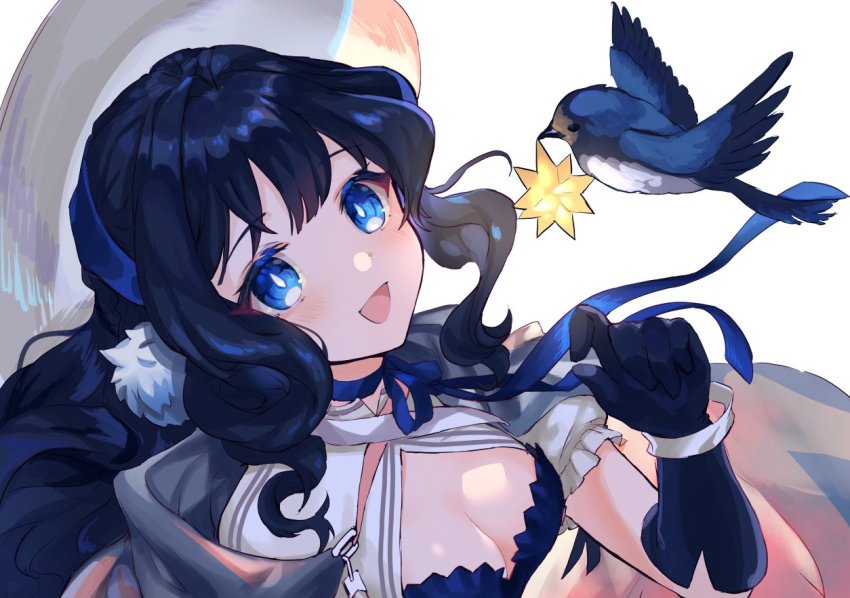 1girl, :d, arknights, astesia_(arknights), astesia_(starseeker)_(arknights), bird, blue_choker, blue_dress