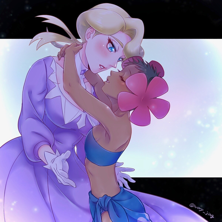 2girls, age_difference, arms_around_neck, bandeau, bare_arms, bare_shoulders, black_hair, blonde_hair, blue_eyes, blush, breasts, closed_eyes, commentary_request, cowboy_shot, dark-skinned_female, dark_skin, dress, elite_four, eyelashes, face-to-face, flower, glacia_(pokemon), gloves, hair_flower, hair_ornament, highres, interracial, ivory_(25680nico), long_hair, long_sleeves, looking_at_another, midriff, multiple_girls, nintendo, onee-loli, phoebe_(pokemon), pokemon, pokemon_omega_ruby_and_alpha_sapphire, ponytail, pursed_lips, sarong, short_hair, small_breasts, twitter_username, very_short_hair, white_gloves, yuri