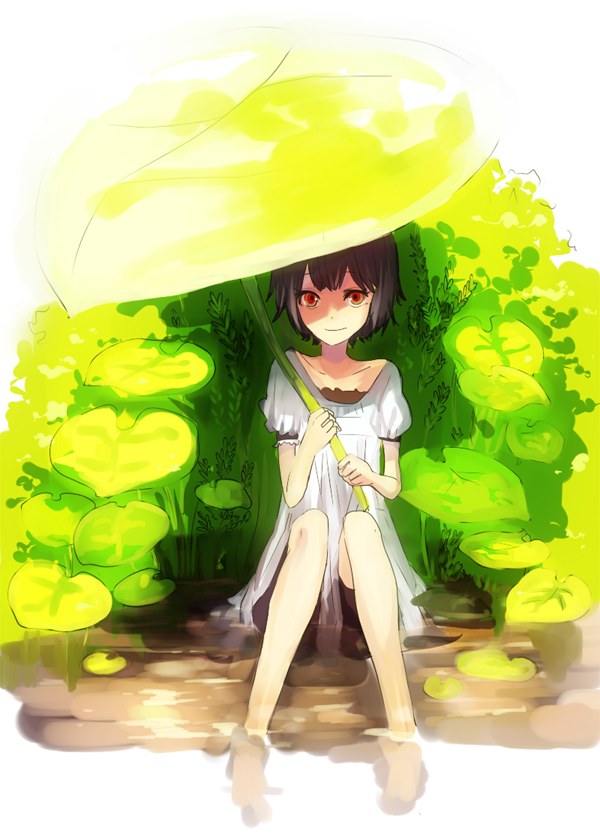 1girl, barefoot, brown_hair, female_focus, leaf, nasie, red_eyes, sitting