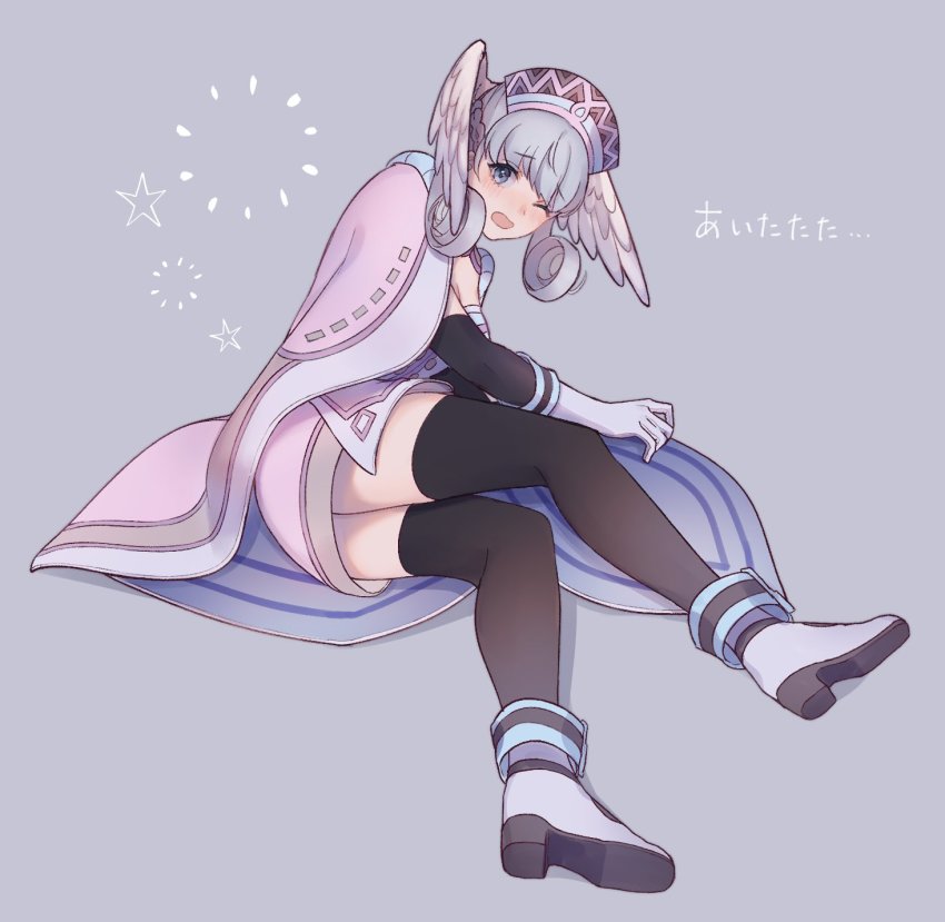 1girl, blush, cape, dress, full_body, gloves, grey_background, grey_eyes