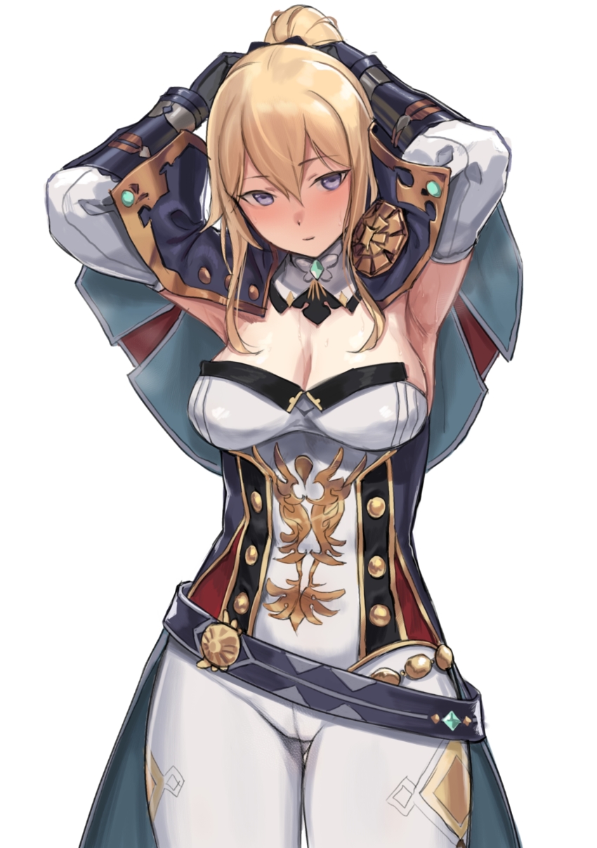 1girl, absurdres, armpits, arms_up, belt, blonde_hair, breasts, cleavage