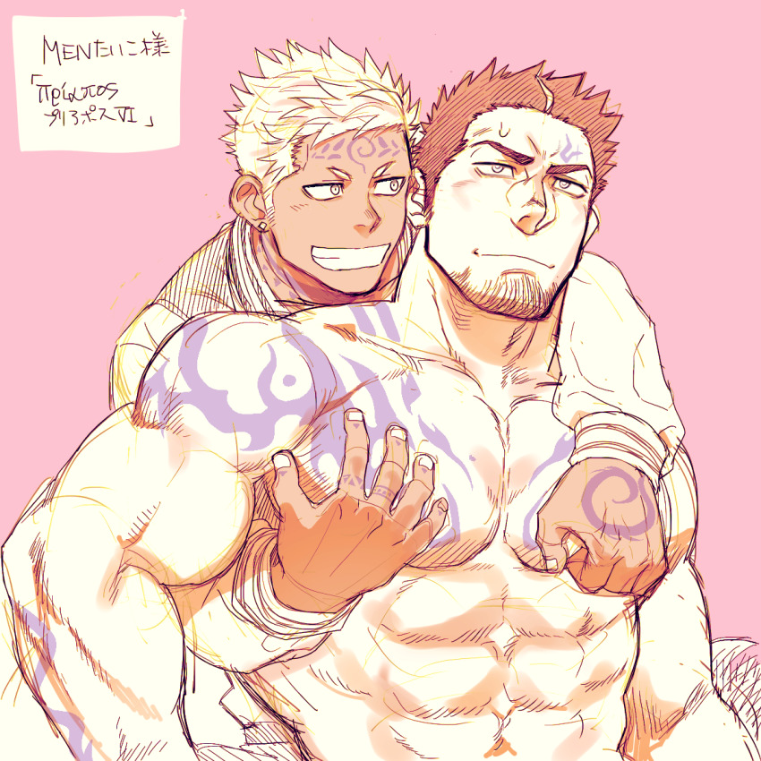 2boys, abs, arm_tattoo, bad_id, bad_twitter_id, bara, black_hair, blonde_hair, blush, chest_tattoo, facial_hair, facial_tattoo, green_eyes, grin, groping, gyee, highres, large_pectorals, male_focus, multiple_boys, muscular, pectoral_grab, pectorals, priapus, priapus_a._tarou, short_hair, sketch, smile, spiked_hair, stubble, tattoo, topless_male, translation_request, upper_body, white_background, yakisoba_ohmori, yaoi, zeus_(priapus)
