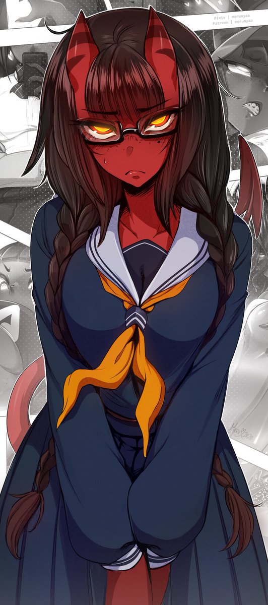 1girl, black-framed_eyewear, black_hair, blue_serafuku, blue_skirt, blunt_bangs, blush, bracket, braid, collarbone, colored_skin, commentary, demon_girl, demon_tail, emergence_(shindol), english_commentary, freckles, frown, glasses, highres, horns, long_hair, long_sleeves, looking_at_viewer, meruccubus_(merunyaa), merunyaa, mole, mole_under_eye, original, pleated_skirt, red_skin, school_uniform, serafuku, skin-covered_horns, skirt, solo, tail, twin_braids, v_arms, very_long_hair, yellow_eyes, yellow_neckwear, yoshida_saki