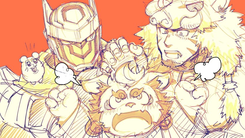 3boys, agyo_(housamo), algernon_(housamo), angry, animal_hood, armor, bara, blush