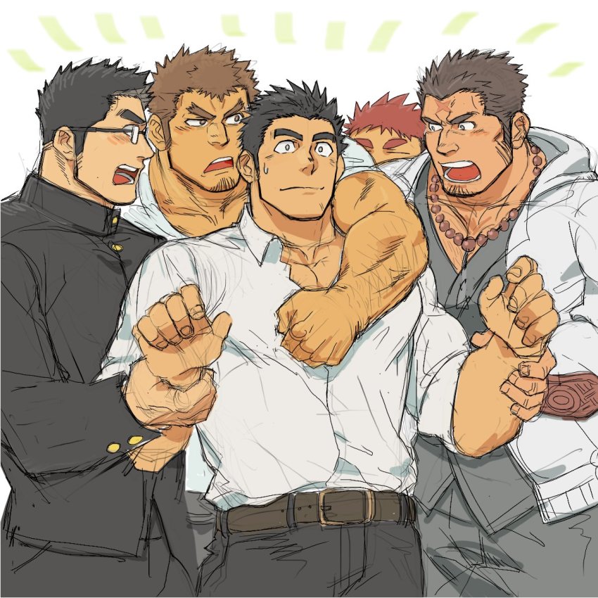 5boys, angry, arm_around_shoulder, arm_hair, bad_id, bad_twitter_id, bara, bead_necklace, beads, black_hair, blush, brown_hair, couple, facial_hair, gakuran, goatee, hand_on_another's_arm, highres, houzouin_oniwaka, jewelry, long_sideburns, looking_at_another, male_focus, male_harem, manly, motoori_shiro, multiple_boys, muscular, necklace, open_clothes, open_shirt, orange_hair, pectoral_cleavage, pectorals, protagonist_3_(housamo), school_uniform, shirt, short_hair, shouting, sideburns, simple_background, sketch, sleeves_rolled_up, stubble, sweatdrop, takabushi_kengo, tokyo_houkago_summoners, upper_body, white_background, white_shirt, yakisoba_ohmori, yakushimaru_ryota, yaoi