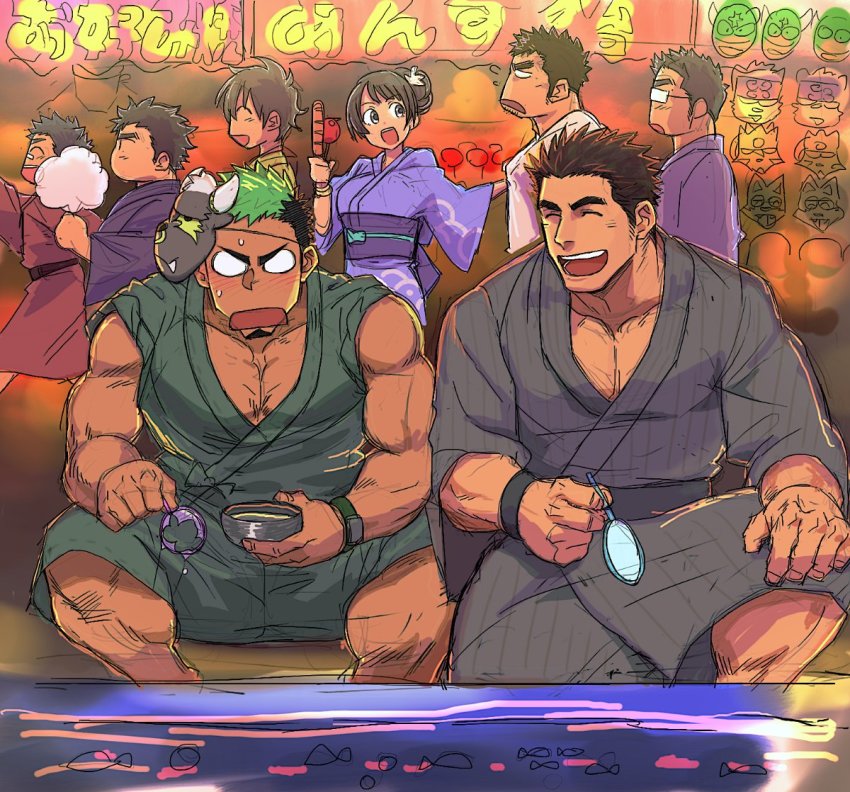 1girl, 6+boys, ^_^, asterius_(housamo), bad_id, bad_twitter_id, bara, bare_shoulders