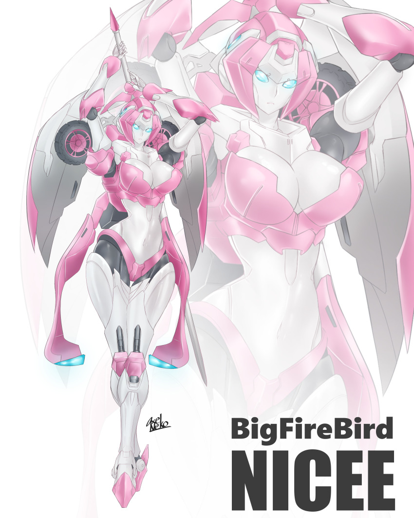 1girl, absurdres, arcee, artist_name, axelnekokitty, big_firebird_toys, blue_eyes, breasts, cleavage, crossed_legs, highres, holding, holding_sword, holding_weapon, large_breasts, lips, looking_at_viewer, navel, nicee, self-upload, signature, simple_background, solo, sword, transformers, weapon, white_background