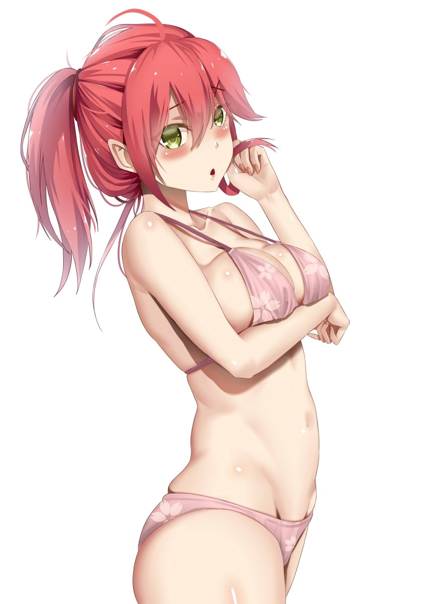 1girl, absurdres, ahoge, alternate_costume, alternate_hairstyle, bare_shoulders, bikini, blush