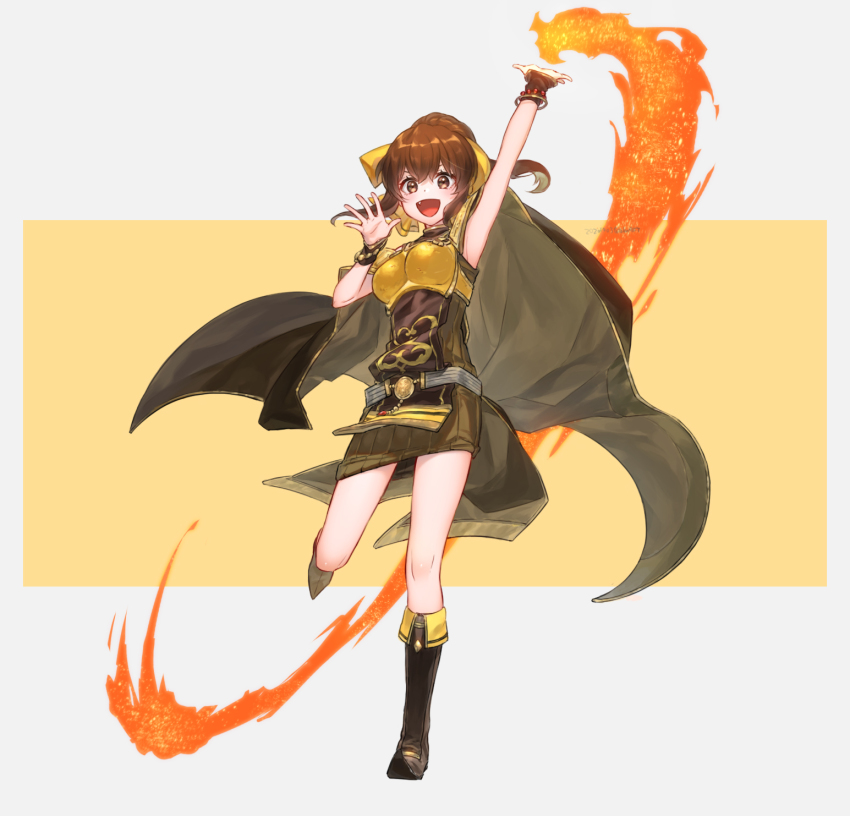 1girl, arm_up, armor, breastplate, brown_eyes, brown_hair, delthea_(fire_emblem), dress, fang, fire_emblem, fire_emblem_echoes:_shadows_of_valentia, full_body, futabaaf, highres, long_hair, nintendo, open_mouth, ponytail, simple_background, solo