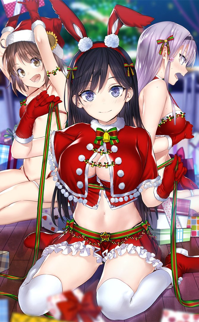 3girls, akino_sakura_(oresuki), bikini, box, breasts, buriki, capelet, christmas_ornaments