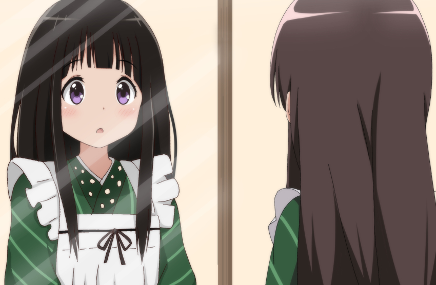 1girl, absurdres, ama_usa_an_uniform, apron, black_hair, blunt_bangs, brown_hair, chitanda_eru, commentary_request, cosplay, different_reflection, frilled_apron, frills, gochuumon_wa_usagi_desu_ka?, green_kimono, highres, hyouka, japanese_clothes, kimono, long_hair, look-alike, looking_at_mirror, mirror, poa_mellhen, polka_dot_trim, purple_eyes, reflection, solo, ujimatsu_chiya, ujimatsu_chiya_(cosplay), voice_actor_connection, white_apron