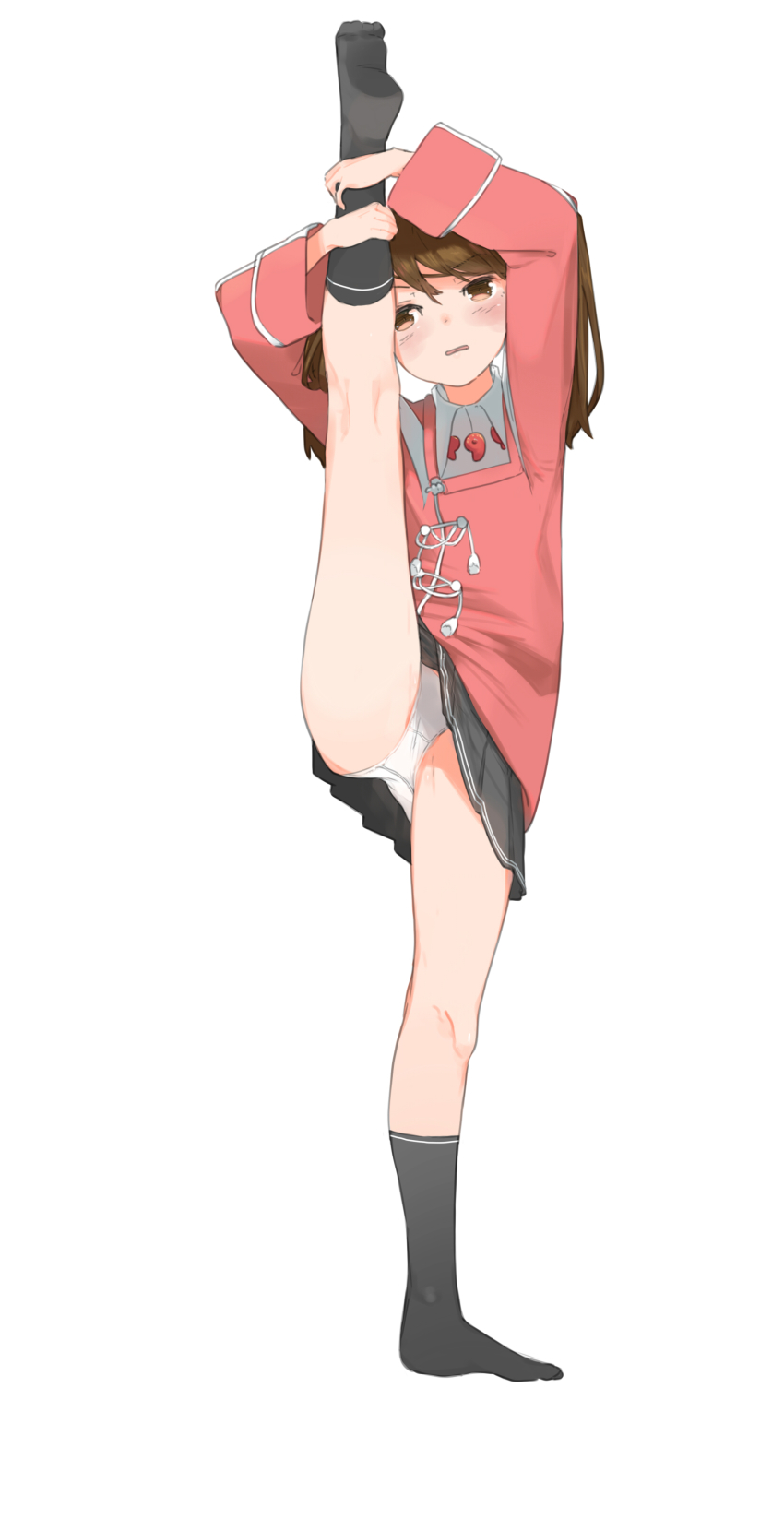 1girl, absurdres, black_skirt, black_socks, brown_eyes, brown_hair, co_botan, flat_chest