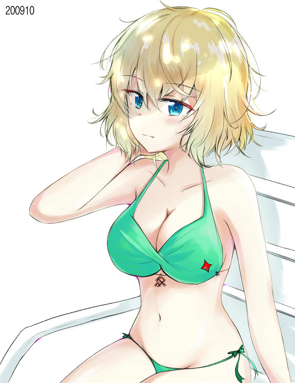 1girl, alternate_breast_size, alternate_costume, bad_id, bad_pixiv_id, bikini, bing115, blonde_hair, blue_eyes, blush, breasts, cleavage, commission, emblem, fang, girls_und_panzer, green_bikini, groin, hair_between_eyes, hand_on_own_neck, highres, katyusha_(girls_und_panzer), medium_breasts, messy_hair, pravda_(emblem), side-tie_bikini_bottom, solo, swimsuit, white_background
