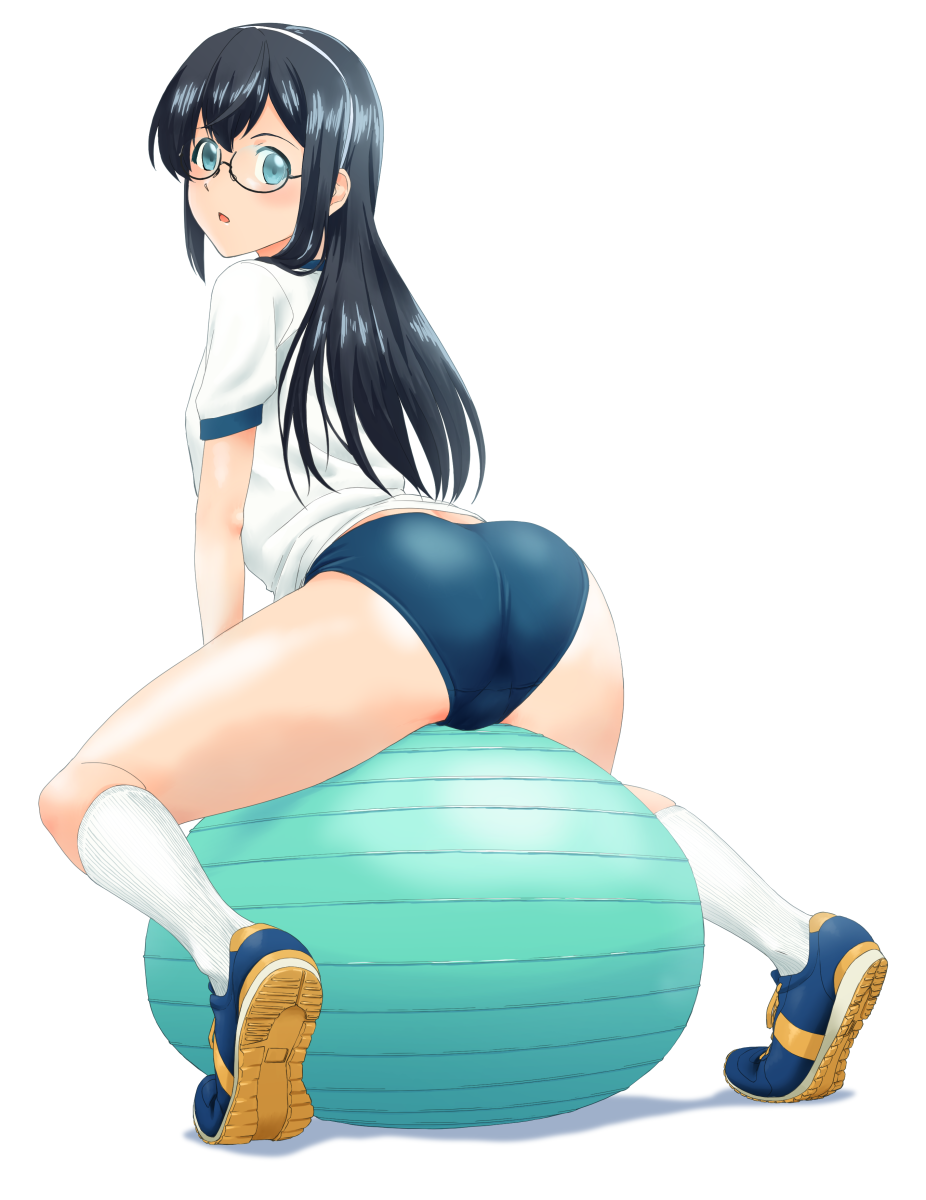 1girl, alternate_costume, ass, ball, black-framed_eyewear, black_hair, blue_buruma, blue_eyes