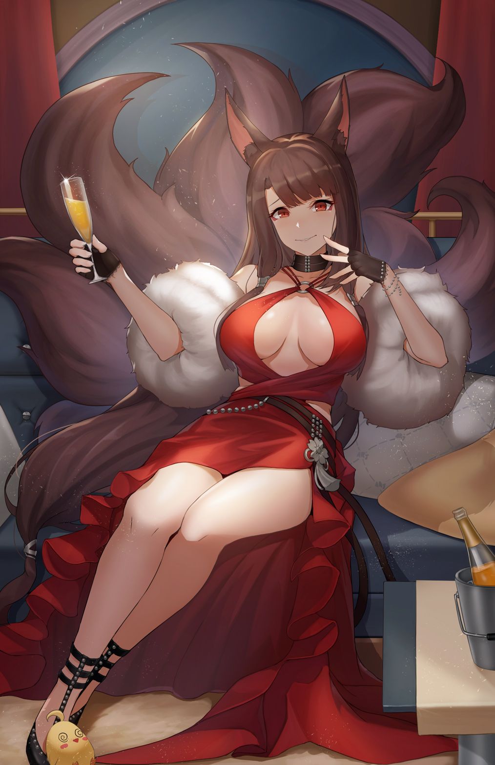 1girl, akagi_(azur_lane), akagi_(ruby-laced_beauty)_(azur_lane), alcohol, animal_ears, azur_lane, bad_id, bad_pixiv_id