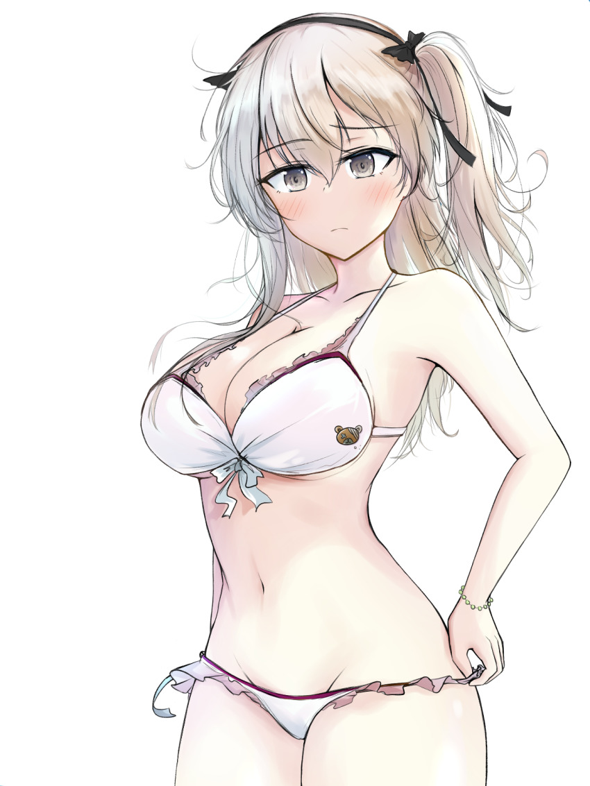 1girl, aged_up, alternate_breast_size, alternate_costume, bad_id, bad_pixiv_id, bikini, bing115, blonde_hair, blush, boko_(girls_und_panzer), bracelet, breasts, cleavage, commission, from_below, girls_und_panzer, groin, hair_between_eyes, highres, jewelry, medium_breasts, navel, shimada_arisu, short_twintails, solo, swimsuit, twintails, white_background, yellow_eyes