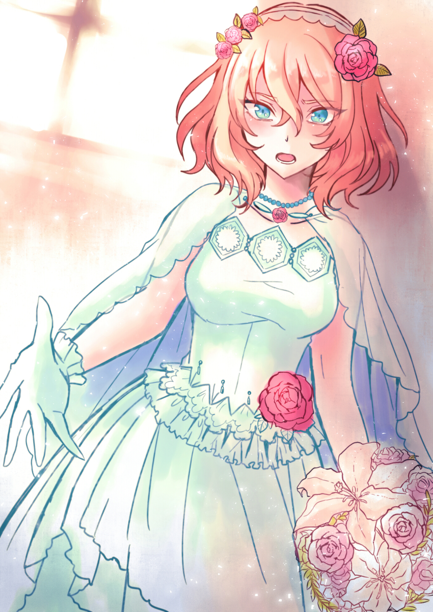 blonde_hair, blue_eyes, blush, bouquet, breasts, bridal_veil, dress, dutch_angle