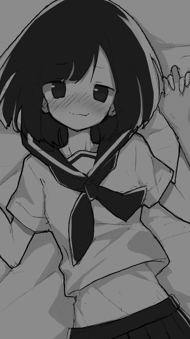 1girl, animated, animated_gif, blush, from_above, fukutchi, kouhai-chan_(fukutchi), loli, lying, monochrome, on_back, on_bed, pleated_skirt, pov, school_uniform, serafuku, skirt, smile