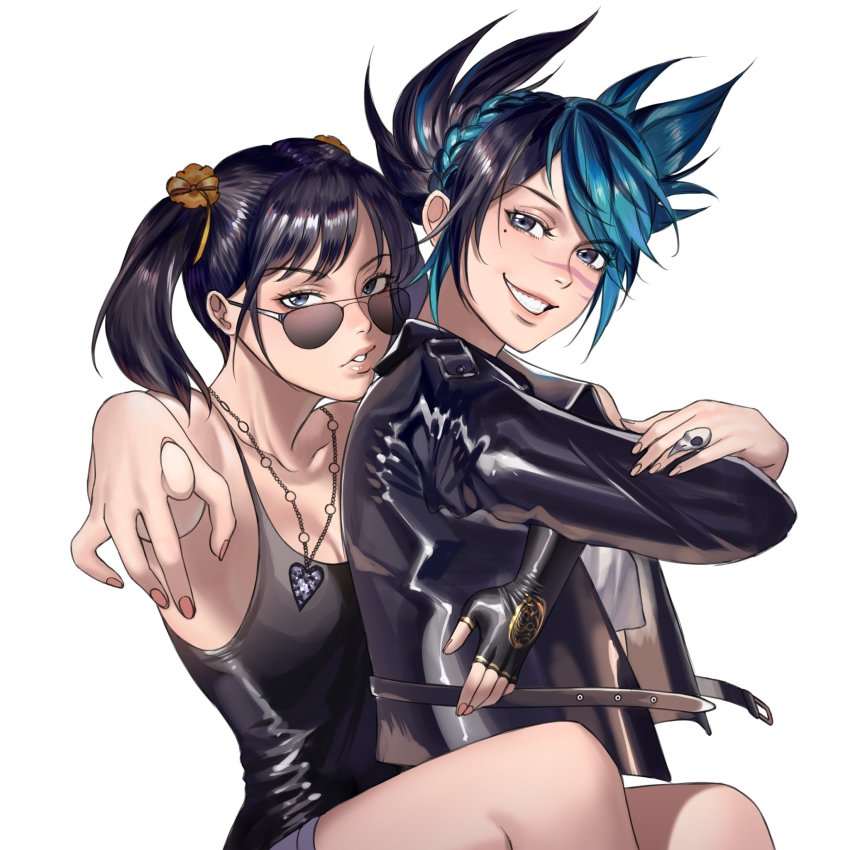 2girls, aviator_sunglasses, bandai_namco, black_gloves, black_hair, blue_eyes, blue_hair, braid