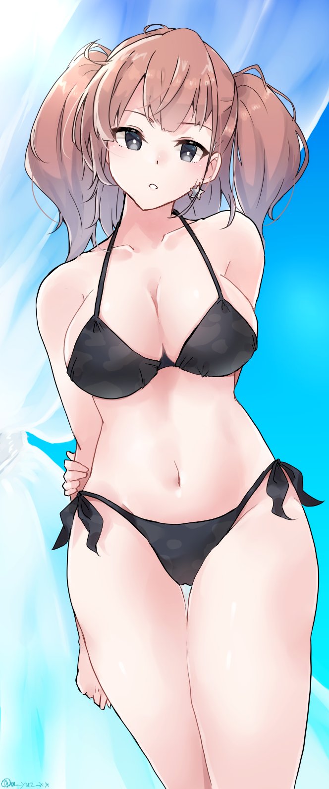 1girl, arms_behind_back, atlanta_(kancolle), bikini, black_bikini, breasts, brown_hair, cowboy_shot