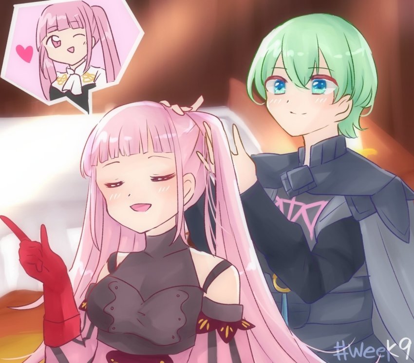 1boy, 1girl, armor, bare_shoulders, black_armor, black_gloves, blue_eyes, blush, breasts, male_byleth_(fire_emblem), closed_eyes, closed_mouth, dress, fire_emblem, fire_emblem:_three_houses, garreg_mach_monastery_uniform, gloves, green_hair, hand_in_another's_hair, hilda_valentine_goneril, jewelry, karingityou, long_hair, matching_hair/eyes, medium_breasts, nintendo, one_eye_closed, open_mouth, pink_eyes, pink_hair, puffy_sleeves, red_gloves, speech_bubble, thought_bubble, twintails, wink