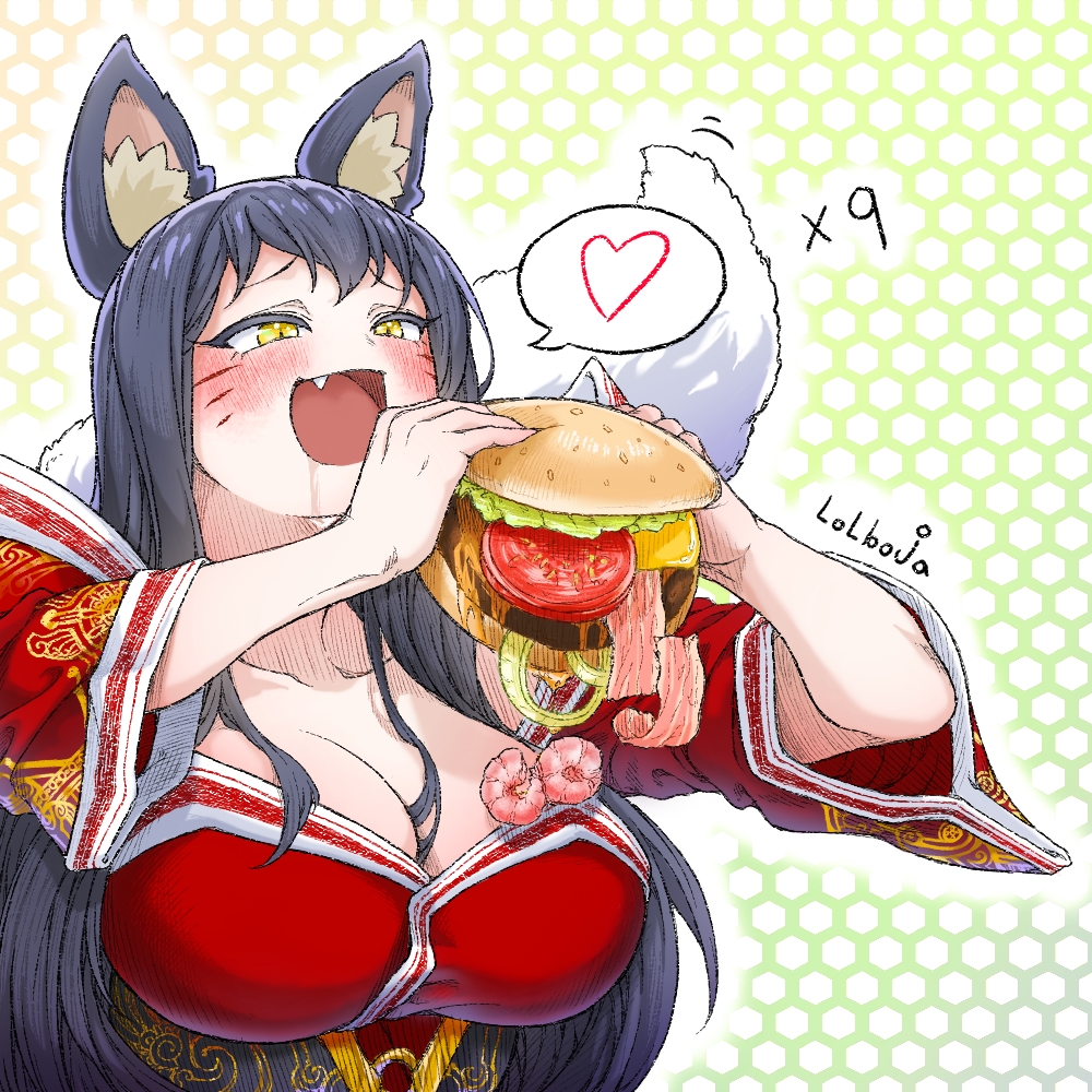 1girl, ahri_(league_of_legends), animal_ears, bacon, black_hair, breasts, burger, cheese