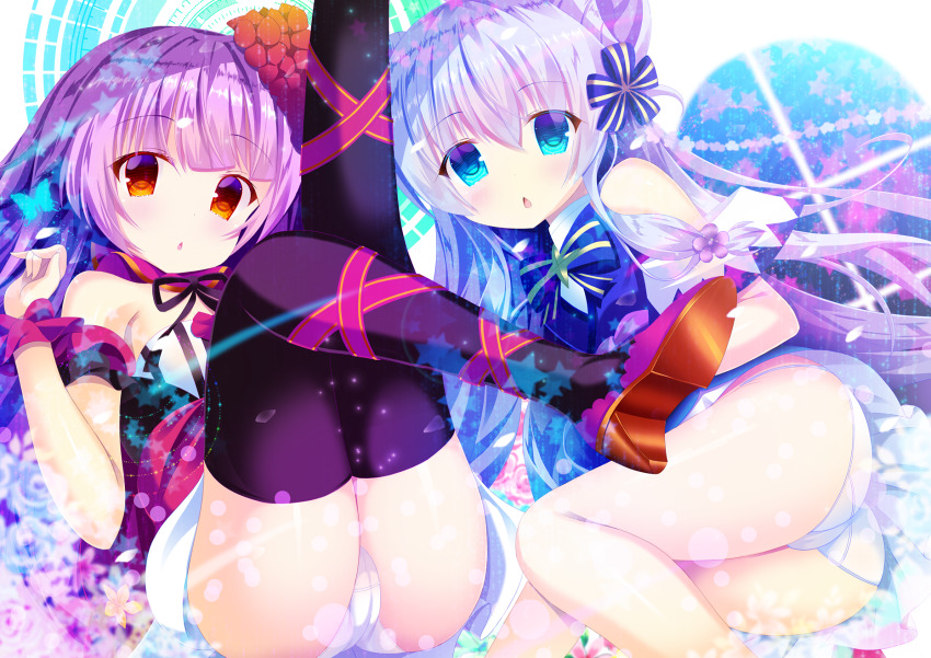 2girls, black_legwear, blue_bow, blue_eyes, bow, bowtie, christmas_begonia_(flower_knight_girl), dress