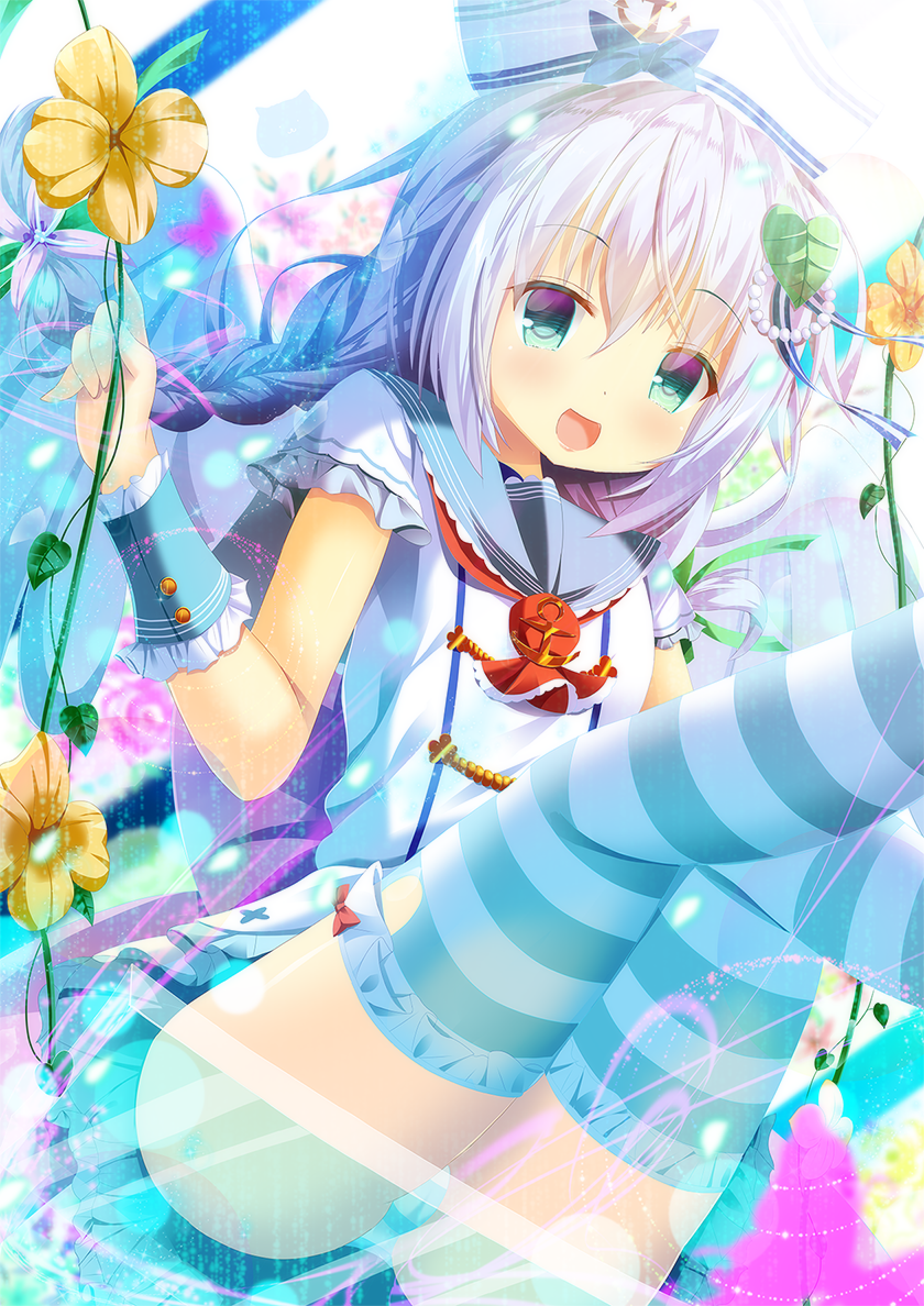 1girl, anchor, blue_eyes, blue_hair, blue_panties, blue_thighhighs, bow, braid