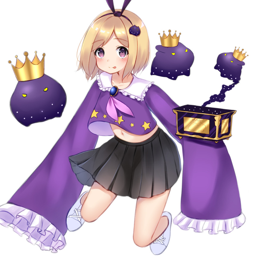 1girl, :p, absurdres, black_skirt, blonde_hair, blush, bow, bow_hairband