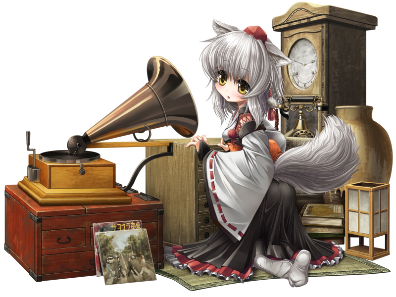 1girl, abbey_road, animal_ears, antique_phone, bridal_gauntlets, clock, corded_phone, feet