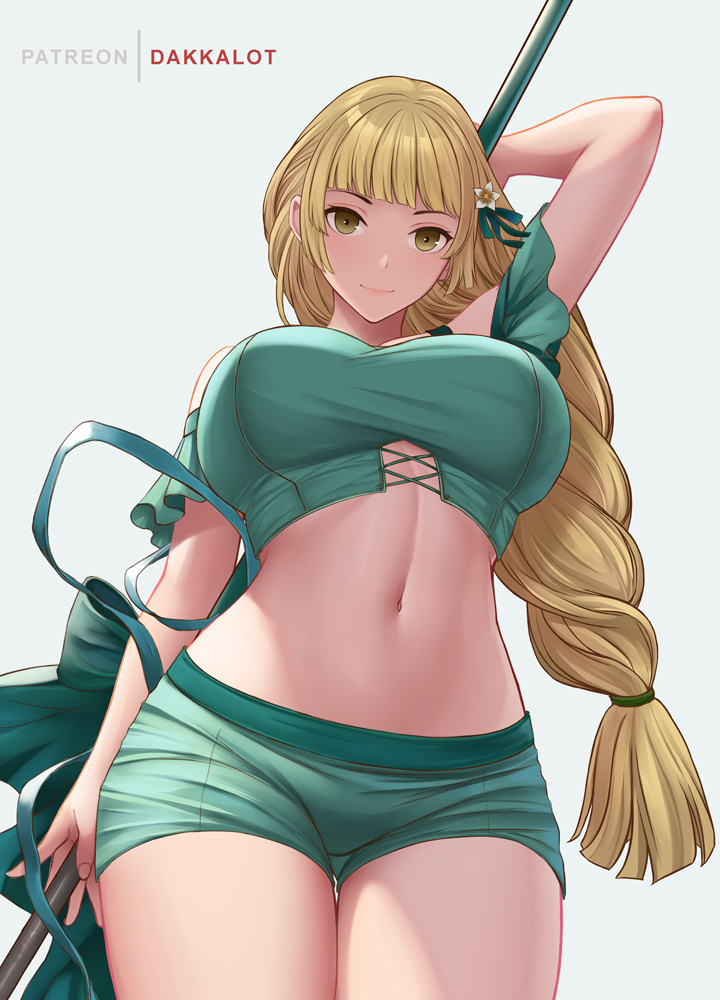 1girl, alternate_breast_size_(larger), bare_legs, bikini, blonde_hair, blunt_bangs, braid, braided_ponytail, breasts, cross-laced_clothes, cross-laced_top, dakkalot, fire_emblem, fire_emblem:_three_houses, fire_emblem_heroes, green_bikini, huge_breasts, ingrid_brandl_galatea, ingrid_brandl_galatea_(summer), lance, long_hair, looking_at_viewer, looking_down, midriff, navel, nintendo, polearm, short_shorts, shorts, simple_background, smile, solo, swimsuit, thighs, weapon