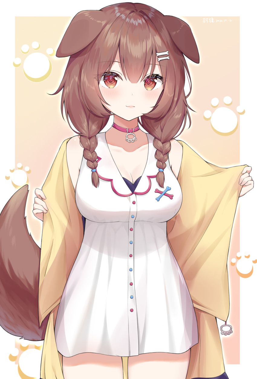 1girl, animal_ears, bone_hair_ornament, braid, breasts, brown_eyes, brown_hair, cleavage
