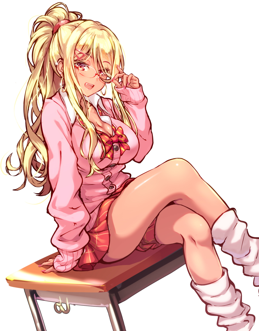 1girl, adjusting_eyewear, bangs_pinned_back, blonde_hair, bow, bowtie, breasts, brown_eyes