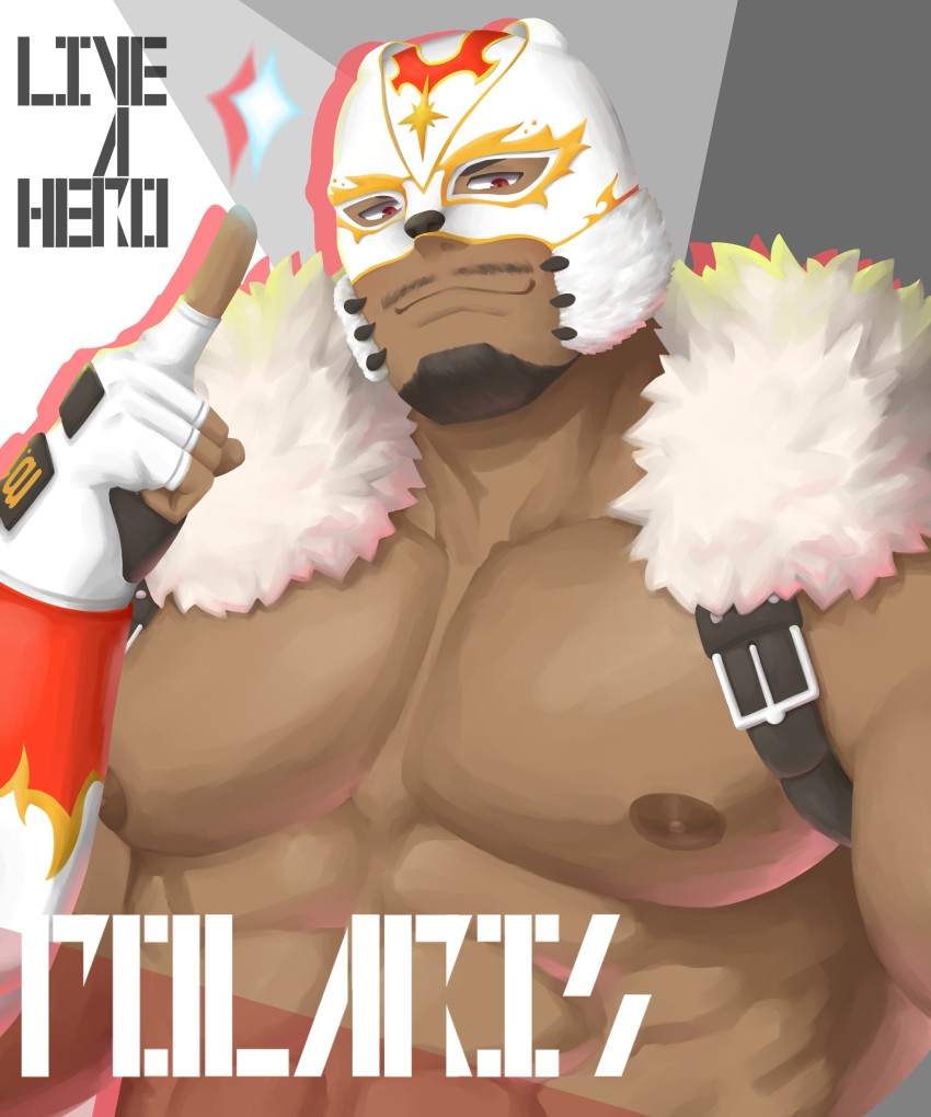 1boy, abs, absurdres, bara, bare_pectorals, bear_mask, brown_eyes, chest_harness