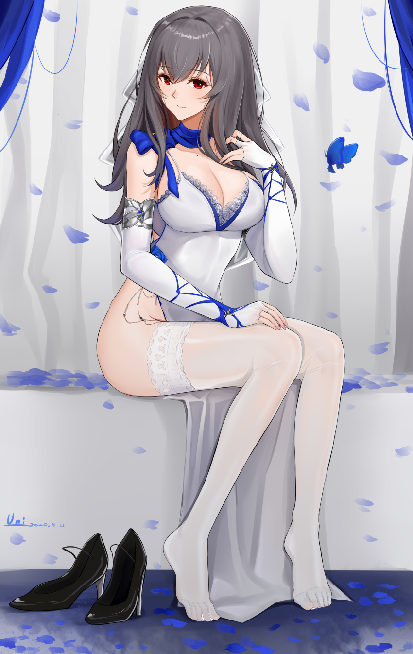1girl, 2020, absurdres, azur_lane, bare_shoulders, black_footwear, blue_butterfly, blue_scarf