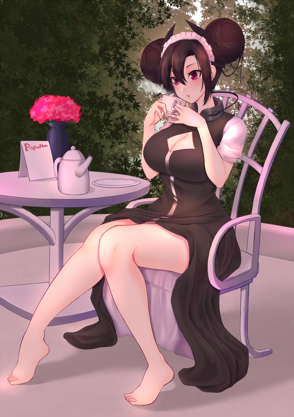 1girl, agent_(girls'_frontline), alternate_costume, asymmetrical_hair, barefoot, black_dress, black_hair, blush