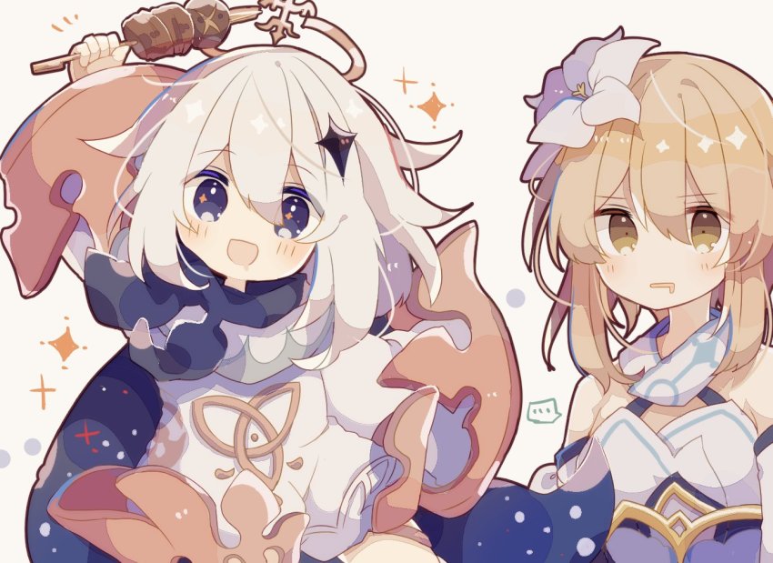 ..., 2girls, arm_up, bare_shoulders, black_cape, black_scarf, blonde_hair, blush, cape, commentary, cowboy_shot, dress, drooling, flower, food, genshin_impact, gloves, hair_flower, hair_ornament, halo, holding, holding_food, holding_skewer, lumine_(genshin_impact), mina_(sio0616), multiple_girls, no_nose, open_mouth, paimon_(genshin_impact), romper, scarf, simple_background, skewer, smile, sparkle, white_background, white_dress, white_gloves, white_hair, white_romper, white_scarf, yellow_eyes