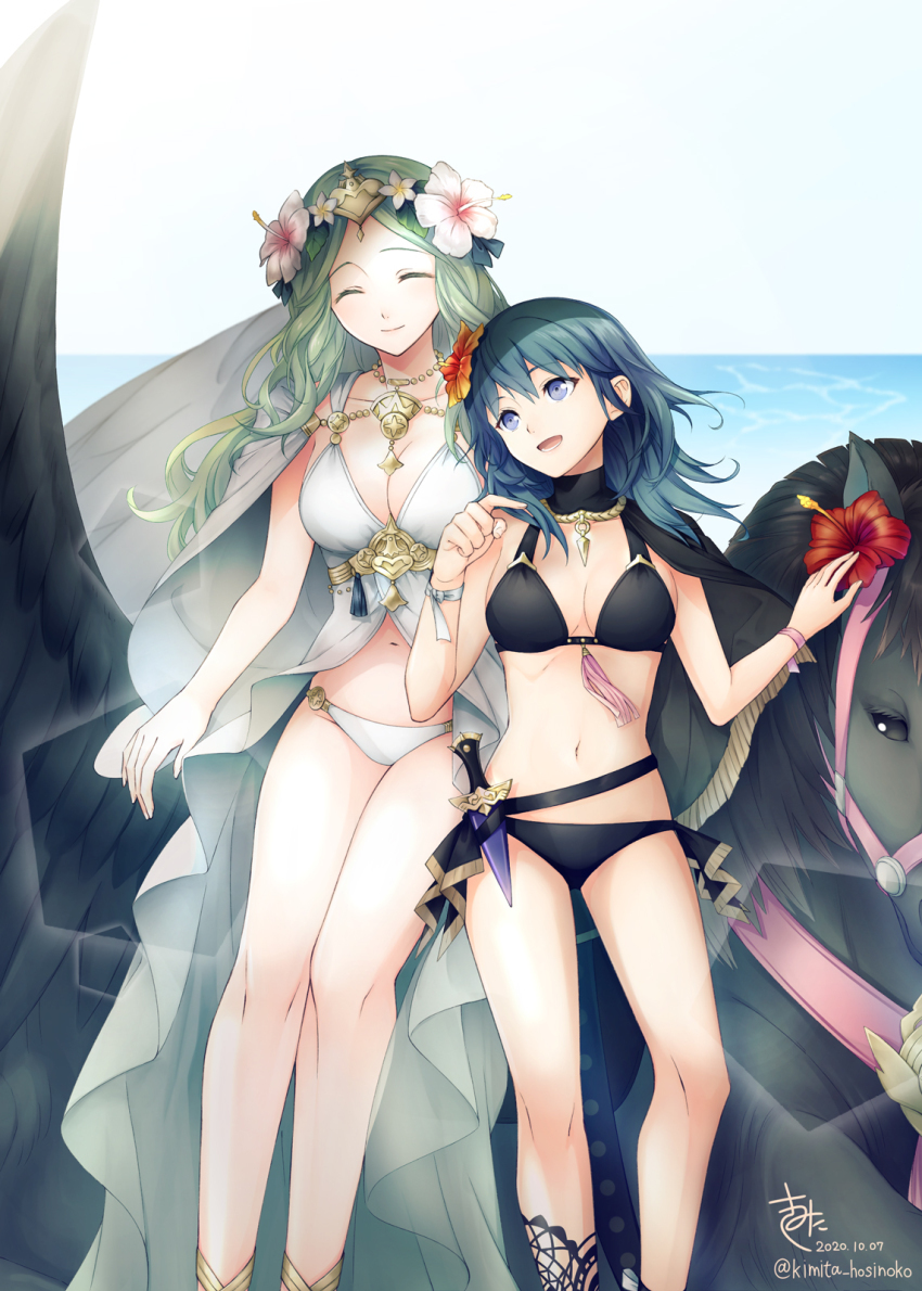 2020, 2girls, bikini, black_bikini, black_vs_white, blue_eyes, blue_hair, breasts, female_byleth_(fire_emblem), female_byleth_(summer)_(fire_emblem), cleavage, closed_eyes, dated, female_focus, fire_emblem, fire_emblem:_three_houses, fire_emblem_heroes, flower, green_hair, hair_flower, hair_ornament, hibiscus, highres, horse, kimita_(kiokunoumi), knife, large_breasts, looking_at_another, medium_breasts, multiple_girls, navel, nintendo, o-ring, o-ring_bikini, ocean, official_alternate_costume, open_mouth, pegasus, pointing, rhea_(fire_emblem), rhea_(summer)_(fire_emblem), swimsuit, twitter_username, water, white_bikini