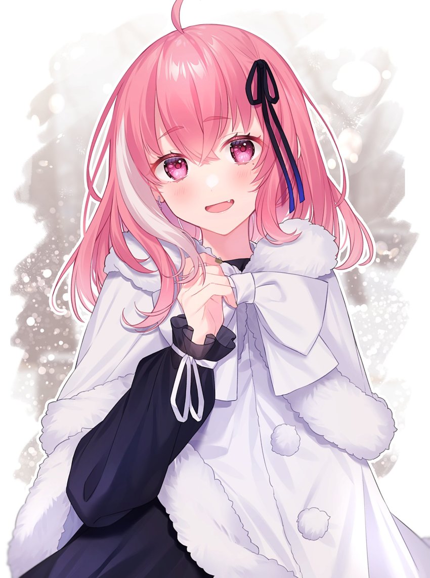 1girl, ahoge, alternate_costume, blush, commentary_request, dress, fang, hair_ornament