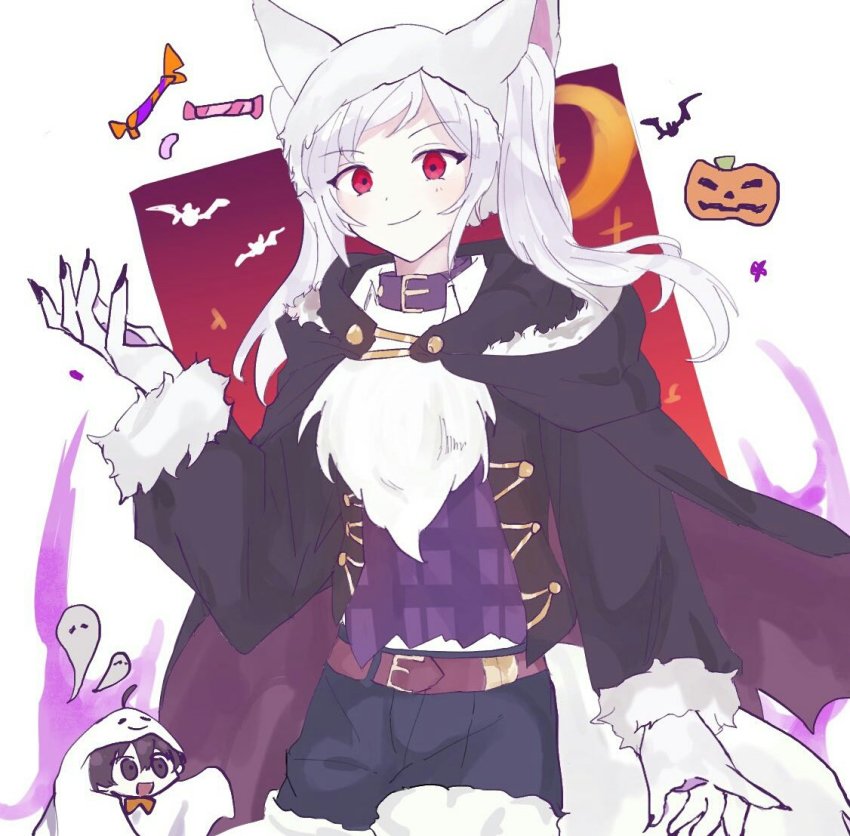 1girl, animal_ears, animal_hands, aura, belt, candy, closed_mouth, dark_aura, fake_animal_ears, female_robin_(fire_emblem), female_robin_(grima)_(fire_emblem), female_robin_(grima)_(halloween)_(fire_emblem), fffera, fire_emblem, fire_emblem_awakening, fire_emblem_heroes, food, gloves, grima_(fire_emblem), halloween, halloween_costume, jack-o'-lantern, long_hair, long_sleeves, male_morgan_(fire_emblem), mother_and_child, mother_and_son, nintendo, parent_and_child, paw_gloves, red_eyes, simple_background, smile, solo_focus, twintails, white_background, white_hair, wolf_ears